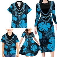 Blue Hawaii Kukui Nut Lei Family Matching Long Sleeve Bodycon Dress and Hawaiian Shirt Hawaiian Pattern Monstera Tropical Vibes - Polynesian Pride