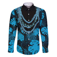 Blue Hawaii Kukui Nut Lei Family Matching Off The Shoulder Long Sleeve Dress and Hawaiian Shirt Hawaiian Pattern Monstera Tropical Vibes - Polynesian Pride