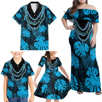 Blue Hawaii Kukui Nut Lei Family Matching Off Shoulder Maxi Dress and Hawaiian Shirt Hawaiian Pattern Monstera Tropical Vibes - Polynesian Pride