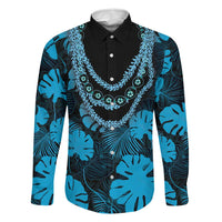 Blue Hawaii Kukui Nut Lei Family Matching Off Shoulder Maxi Dress and Hawaiian Shirt Hawaiian Pattern Monstera Tropical Vibes LT14 Dad's Shirt - Long Sleeve Blue - Polynesian Pride