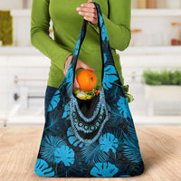 Blue Hawaii Kukui Nut Lei Grocery Bag Hawaiian Pattern Monstera Tropical Vibes - Polynesian Pride