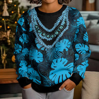 Blue Hawaii Kukui Nut Lei Kid Ugly Christmas Sweater Hawaiian Pattern Monstera Tropical Vibes LT14 - Polynesian Pride