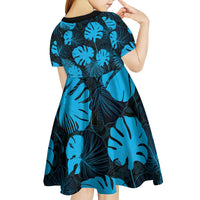 Blue Hawaii Kukui Nut Lei Kid Short Sleeve Dress Hawaiian Pattern Monstera Tropical Vibes - Polynesian Pride