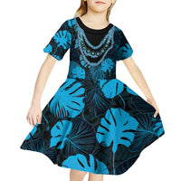 Blue Hawaii Kukui Nut Lei Kid Short Sleeve Dress Hawaiian Pattern Monstera Tropical Vibes LT14 - Polynesian Pride