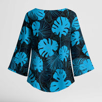 Blue Hawaii Kukui Nut Lei Kimono Sleeve Blouse Hawaiian Pattern Monstera Tropical Vibes LT14 - Polynesian Pride