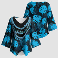 Blue Hawaii Kukui Nut Lei Kimono Sleeve Blouse Hawaiian Pattern Monstera Tropical Vibes LT14 - Polynesian Pride