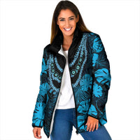 Blue Hawaii Kukui Nut Lei Padded Jacket Hawaiian Pattern Monstera Tropical Vibes LT14 Women Blue - Polynesian Pride