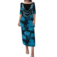 Blue Hawaii Kukui Nut Lei Puletasi Hawaiian Pattern Monstera Tropical Vibes LT14 Long Dress Blue - Polynesian Pride