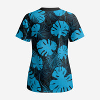 Blue Hawaii Kukui Nut Lei Scrub Top Hawaiian Pattern Monstera Tropical Vibes LT14 - Polynesian Pride