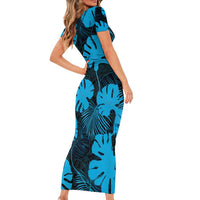Blue Hawaii Kukui Nut Lei Short Sleeve Bodycon Dress Hawaiian Pattern Monstera Tropical Vibes LT14 - Polynesian Pride