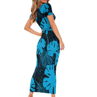 Blue Hawaii Kukui Nut Lei Short Sleeve Bodycon Dress Hawaiian Pattern Monstera Tropical Vibes - Polynesian Pride