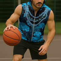 Blue Hawaii Kukui Nut Lei Sleeveless Zip Hoodie Hawaiian Pattern Monstera Tropical Vibes LT14 - Polynesian Pride