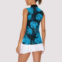 Blue Hawaii Kukui Nut Lei Women Sleeveless Polo Shirt Hawaiian Pattern Monstera Tropical Vibes LT14 - Polynesian Pride