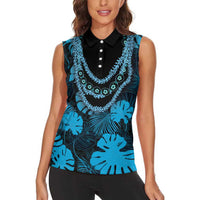 Blue Hawaii Kukui Nut Lei Women Sleeveless Polo Shirt Hawaiian Pattern Monstera Tropical Vibes LT14 - Polynesian Pride