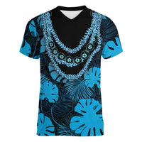 Blue Hawaii Kukui Nut Lei Women V-Neck T-Shirt Hawaiian Pattern Monstera Tropical Vibes LT14 Female Blue - Polynesian Pride