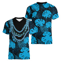 Blue Hawaii Kukui Nut Lei Women V-Neck T-Shirt Hawaiian Pattern Monstera Tropical Vibes LT14 - Polynesian Pride
