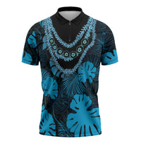 Blue Hawaii Kukui Nut Lei Zipper Polo Shirt Hawaiian Pattern Monstera Tropical Vibes LT14 Blue - Polynesian Pride