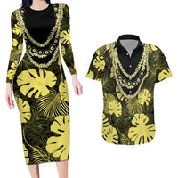 Yellow Hawaii Kukui Nut Lei Couples Matching Long Sleeve Bodycon Dress and Hawaiian Shirt Hawaiian Pattern Monstera Tropical Vibes - Polynesian Pride