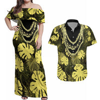 Yellow Hawaii Kukui Nut Lei Couples Matching Off Shoulder Maxi Dress and Hawaiian Shirt Hawaiian Pattern Monstera Tropical Vibes - Polynesian Pride