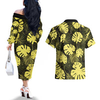 Yellow Hawaii Kukui Nut Lei Couples Matching Off The Shoulder Long Sleeve Dress and Hawaiian Shirt Hawaiian Pattern Monstera Tropical Vibes - Polynesian Pride