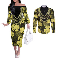 Yellow Hawaii Kukui Nut Lei Couples Matching Off The Shoulder Long Sleeve Dress and Long Sleeve Button Shirt Hawaiian Pattern Monstera Tropical Vibes - Polynesian Pride