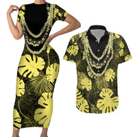 Yellow Hawaii Kukui Nut Lei Couples Matching Short Sleeve Bodycon Dress and Hawaiian Shirt Hawaiian Pattern Monstera Tropical Vibes - Polynesian Pride