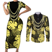 Yellow Hawaii Kukui Nut Lei Couples Matching Short Sleeve Bodycon Dress and Long Sleeve Button Shirt Hawaiian Pattern Monstera Tropical Vibes - Polynesian Pride