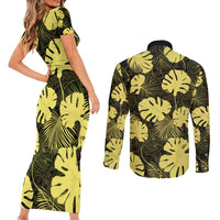 Yellow Hawaii Kukui Nut Lei Couples Matching Short Sleeve Bodycon Dress and Long Sleeve Button Shirt Hawaiian Pattern Monstera Tropical Vibes - Polynesian Pride