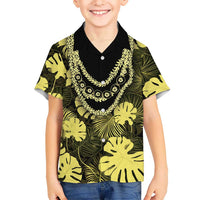 Yellow Hawaii Kukui Nut Lei Family Matching Off Shoulder Short Dress and Hawaiian Shirt Hawaiian Pattern Monstera Tropical Vibes - Polynesian Pride