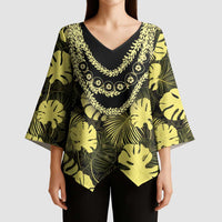 Yellow Hawaii Kukui Nut Lei Kimono Sleeve Blouse Hawaiian Pattern Monstera Tropical Vibes LT14 - Polynesian Pride