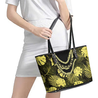 Yellow Hawaii Kukui Nut Lei Leather Tote Bag Hawaiian Pattern Monstera Tropical Vibes - Polynesian Pride