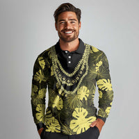 Yellow Hawaii Kukui Nut Lei Long Sleeve Polo Shirt Hawaiian Pattern Monstera Tropical Vibes LT14 - Polynesian Pride