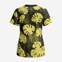 Yellow Hawaii Kukui Nut Lei Scrub Top Hawaiian Pattern Monstera Tropical Vibes LT14 - Polynesian Pride