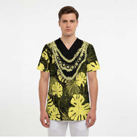 Yellow Hawaii Kukui Nut Lei Scrub Top Hawaiian Pattern Monstera Tropical Vibes LT14 - Polynesian Pride