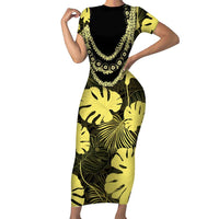 Yellow Hawaii Kukui Nut Lei Short Sleeve Bodycon Dress Hawaiian Pattern Monstera Tropical Vibes LT14 Long Dress Yellow - Polynesian Pride