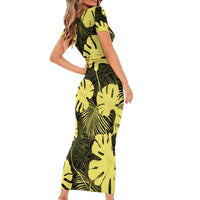 Yellow Hawaii Kukui Nut Lei Short Sleeve Bodycon Dress Hawaiian Pattern Monstera Tropical Vibes LT14 - Polynesian Pride