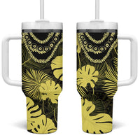 Yellow Hawaii Kukui Nut Lei Tumbler With Handle Hawaiian Pattern Monstera Tropical Vibes - Polynesian Pride