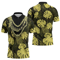 Yellow Hawaii Kukui Nut Lei Zipper Polo Shirt Hawaiian Pattern Monstera Tropical Vibes LT14 - Polynesian Pride