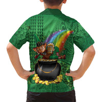 Hawaii Saint Patrick's Day Family Matching Off Shoulder Short Dress and Hawaiian Shirt Funny Leprechaun With Pot Of Gold - Polynesian Tattoo