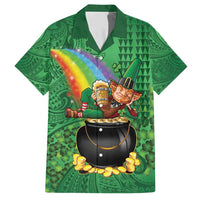 Hawaii Saint Patrick's Day Family Matching Short Sleeve Bodycon Dress and Hawaiian Shirt Funny Leprechaun With Pot Of Gold - Polynesian Tattoo
