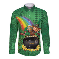 Hawaii Saint Patrick's Day Long Sleeve Button Shirt Funny Leprechaun With Pot Of Gold - Polynesian Tattoo LT14 Unisex Green - Polynesian Pride