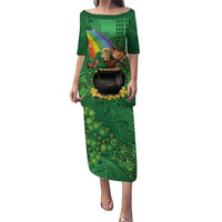 Hawaii Saint Patrick's Day Puletasi Funny Leprechaun With Pot Of Gold - Polynesian Tattoo LT14 Long Dress Green - Polynesian Pride