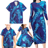 Purple Paradise Polynesia Jellyfish Family Matching Long Sleeve Bodycon Dress and Hawaiian Shirt Plumeria Polynesian Tattoo Glowing Vibes