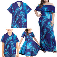 Purple Paradise Polynesia Jellyfish Family Matching Off Shoulder Maxi Dress and Hawaiian Shirt Plumeria Polynesian Tattoo Glowing Vibes