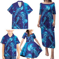Purple Paradise Polynesia Jellyfish Family Matching Puletasi and Hawaiian Shirt Plumeria Polynesian Tattoo Glowing Vibes