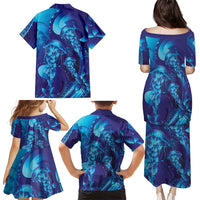 Purple Paradise Polynesia Jellyfish Family Matching Puletasi and Hawaiian Shirt Plumeria Polynesian Tattoo Glowing Vibes
