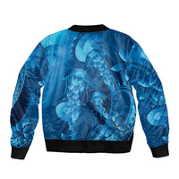 Blue Gradient Polynesia Jellyfish Bomber Jacket Plumeria Polynesian Tattoo Glowing Vibes LT14 - Polynesian Pride