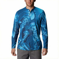 Blue Gradient Polynesia Jellyfish Button Sweatshirt Plumeria Polynesian Tattoo Glowing Vibes LT14 - Polynesian Pride