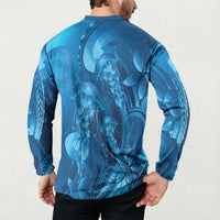 Blue Gradient Polynesia Jellyfish Button Sweatshirt Plumeria Polynesian Tattoo Glowing Vibes LT14 - Polynesian Pride