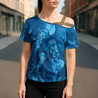 Blue Gradient Polynesia Jellyfish Cross Shoulder Shirt Plumeria Polynesian Tattoo Glowing Vibes LT14 - Polynesian Pride